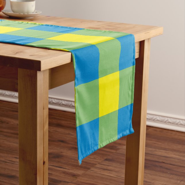 Blue Yellow Green Plaid Checker Pattern Short Table Runner (In Situ)