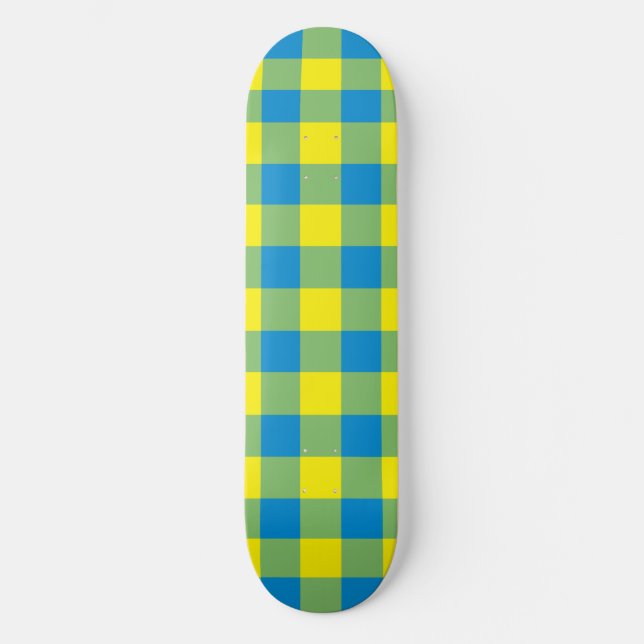 Blue Yellow Green Plaid Checker Pattern Skateboard (Front)
