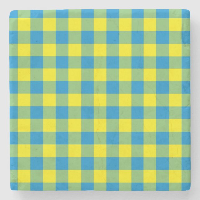 Blue Yellow Green Plaid Checker Pattern Stone Coaster (Front)