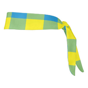 Blue Yellow Green Plaid Checker Pattern Tie Headband