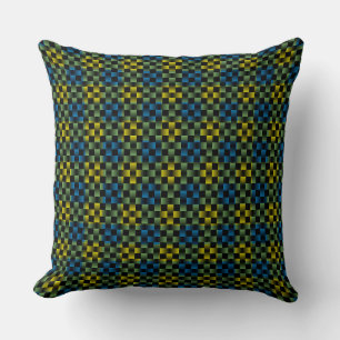 Blue Yellow Green Plaid Checker Weave Pattern Throw Pillow