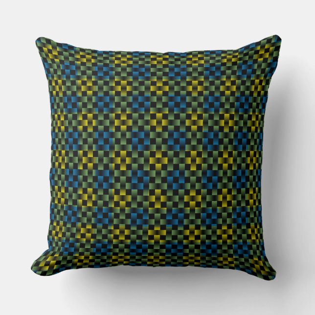 Blue Yellow Green Plaid Checker Weave Pattern Throw Pillow (Front)