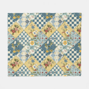 Blue Yellow Green Quilt Patchwork Gingham Floral Fleece Blanket