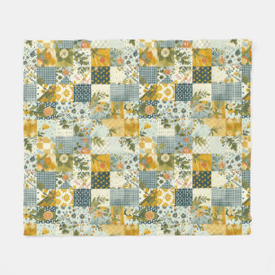 Blue Yellow Green Quilt Patchwork Gingham Floral Fleece Blanket
