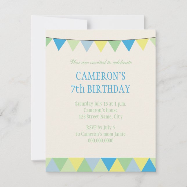 Blue Yellow Green String Pennon Kids Birthday Invitation (Front)