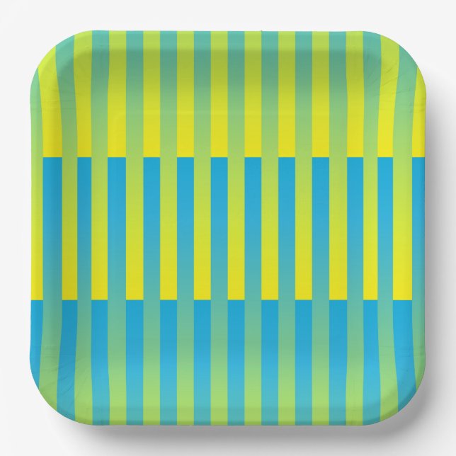 Blue Yellow Green Striped Pattern Paper Plates (Front)
