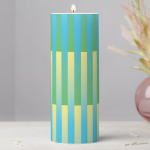 Blue Yellow Green Striped Pattern Pillar Candle
