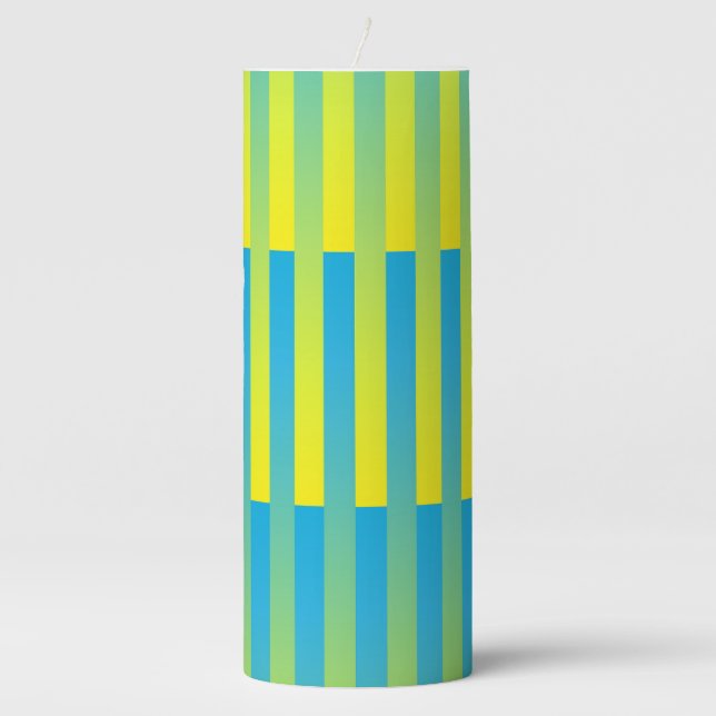 Blue Yellow Green Striped Pattern Pillar Candle (Front)