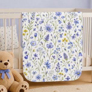 Blue Yellow Green Watercolor Wildflower Pattern Baby Blanket