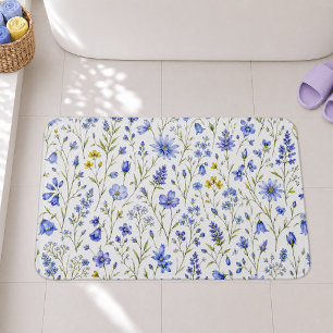 Blue Yellow Green Watercolor Wildflower Pattern Bath Mat