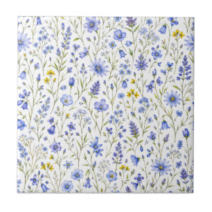 Blue Yellow Green Watercolor Wildflower Pattern Ceramic Tile