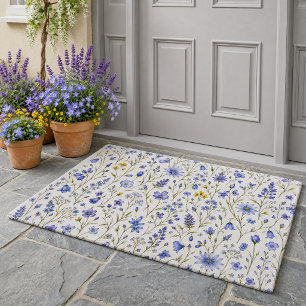 Blue Yellow Green Watercolor Wildflower Pattern Doormat