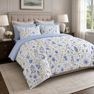Blue Yellow Green Watercolor Wildflower Pattern Duvet Cover
