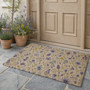 Blue Yellow Green Watercolor Wildflower Pattern Fiber Doormat