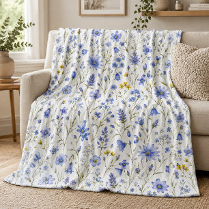 Blue Yellow Green Watercolor Wildflower Pattern  Fleece Blanket
