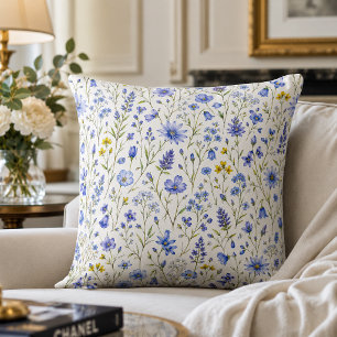 Blue Yellow Green Watercolor Wildflower Pattern Throw Pillow