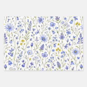 Blue Yellow Green Watercolor Wildflower Pattern Wrapping Paper Sheets