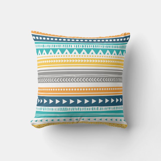 Blue Yellow Grey Tribal Decorative Pillow (Front)