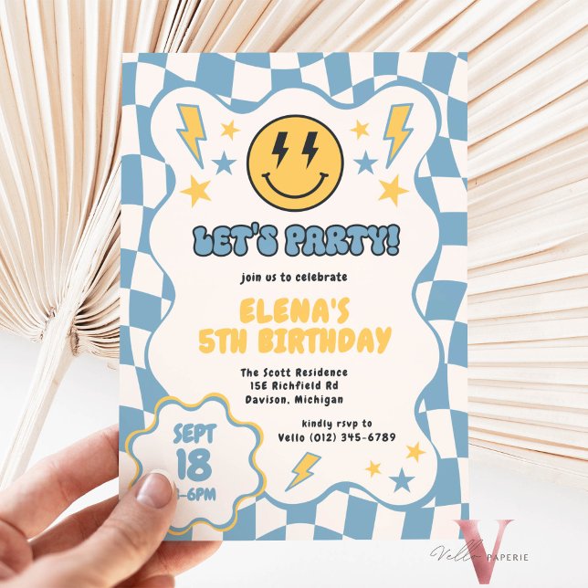 Blue Yellow Groovy Smile Checkered Retro Birthday Invitation (Creator Uploaded)
