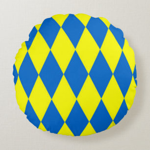 Blue Yellow Harlequin Checkered Design Round Pillow