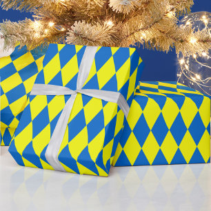 Blue Yellow Harlequin Checkered Design  Wrapping Paper