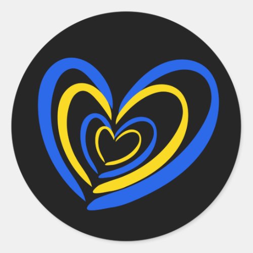 Blue  Yellow Hearts on Black Ukriane Inspirations Classic Round Sticker