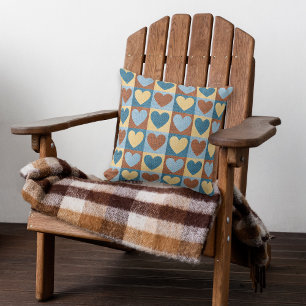 Blue Yellow Hearts Rustic Pattern Throw Pillow