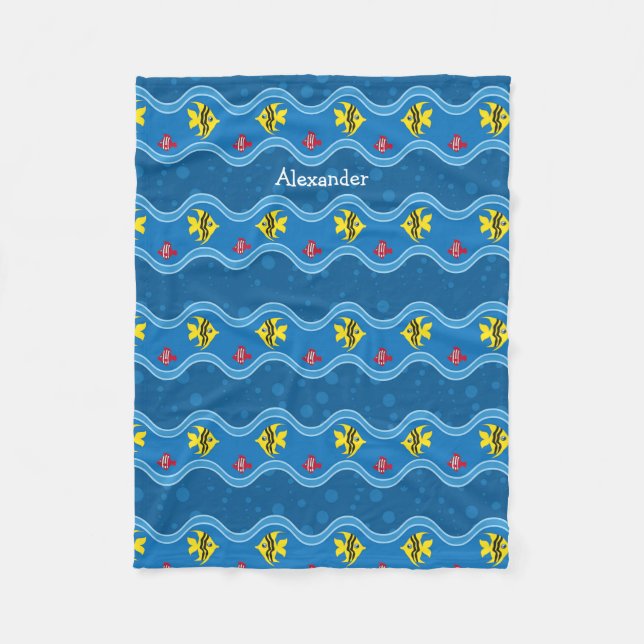 Blue Yellow Here Fishy Fishy Kids Fleece Blanket (Front)
