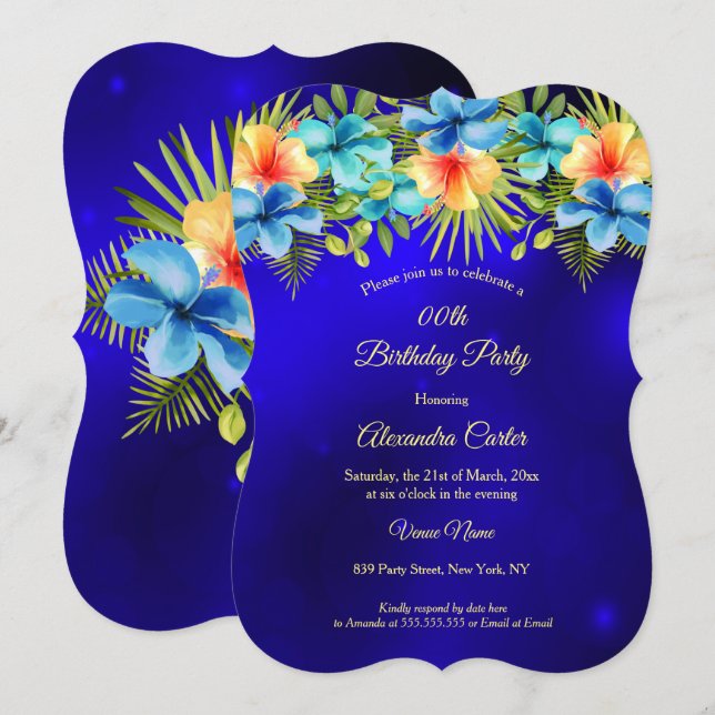 Blue yellow Hibiscus Tropical Floral Party Invitation (Front/Back)