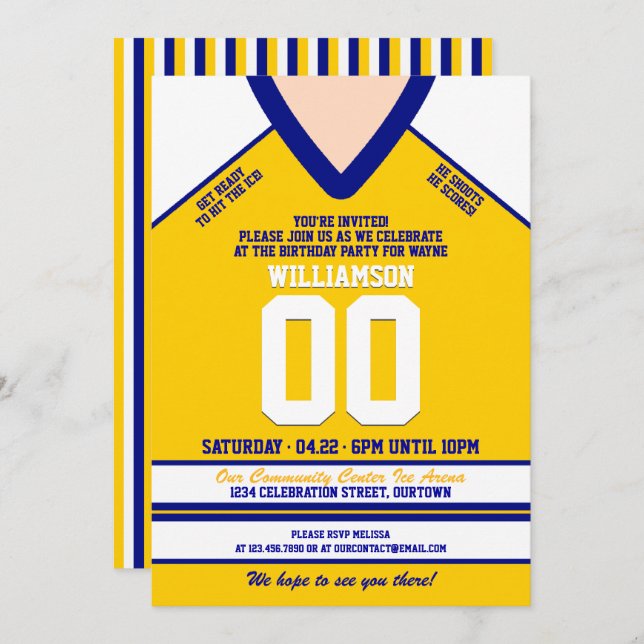 Blue/Yellow Hockey Jersey Birthday Party Invitation (Front/Back)