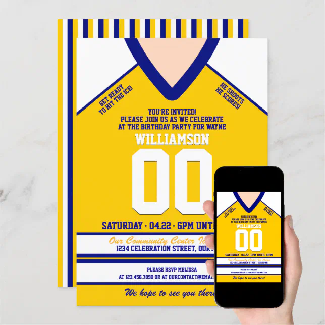 Blue/Yellow Hockey Jersey Birthday Party Invitation | Zazzle