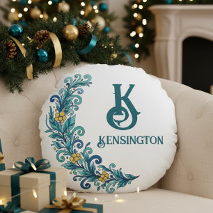 Blue Yellow Holiday Greenery Swag Decor Round Pillow