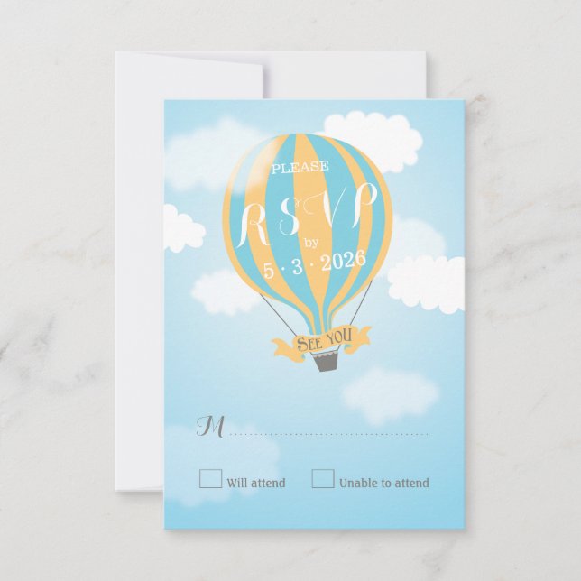 Blue Yellow Hot Air Balloon Baby Shower RSVP Card (Front)