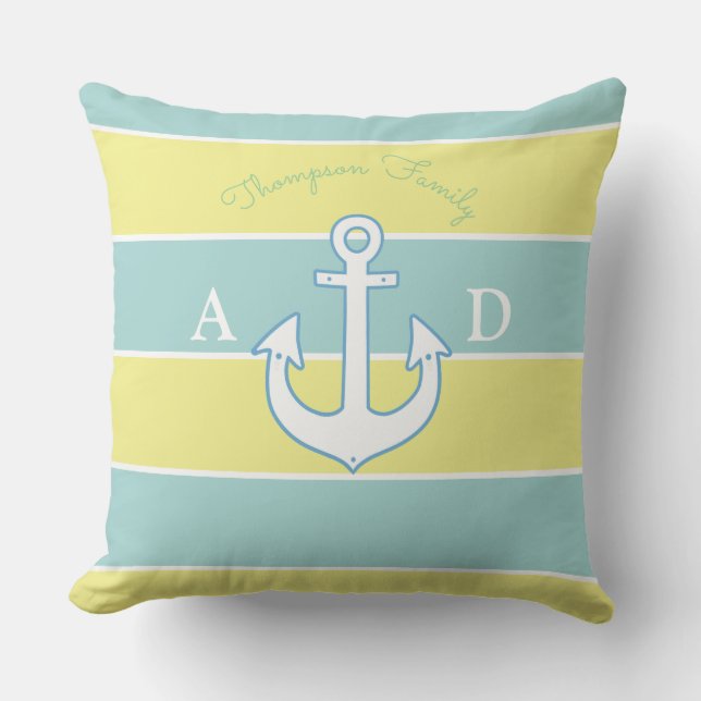 Blue & Yellow Large Stripes Nautical & Monogrammed Throw Pillow (Front)