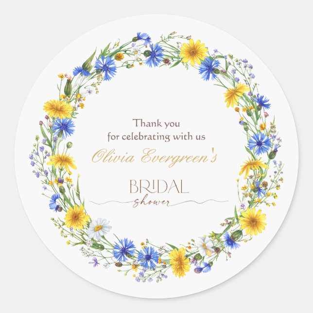 Blue Yellow Lavender Wildflower Wreath Classic Round Sticker (Front)