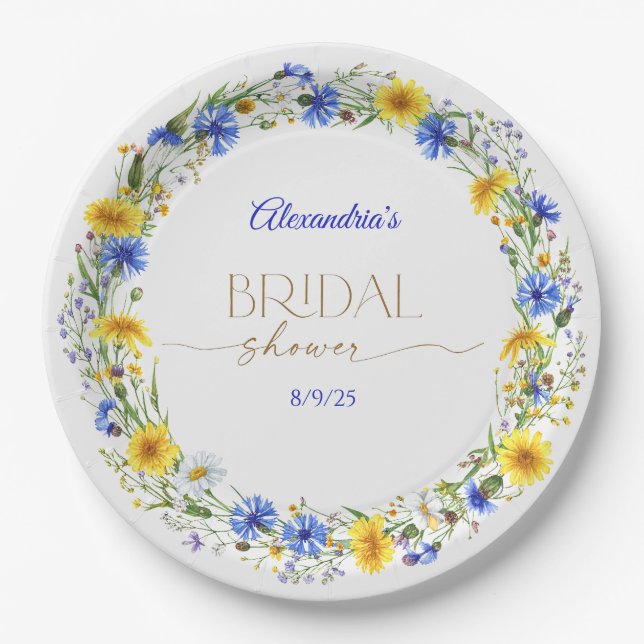 Blue Yellow Lavender Wildflower Wreath Paper Plates (Front)