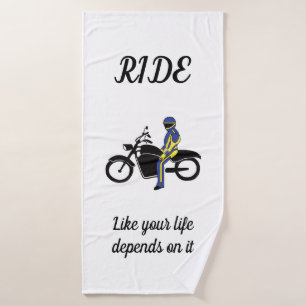 Blue & Yellow Leathers at a Motorcycle Race  Bath Towel