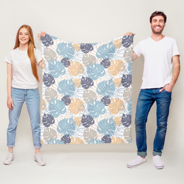 Blue & yellow leaves pattern fleece blanket (In Situ)