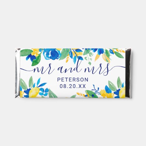 Blue yellow lemon floral watercolor wedding hershey bar favors