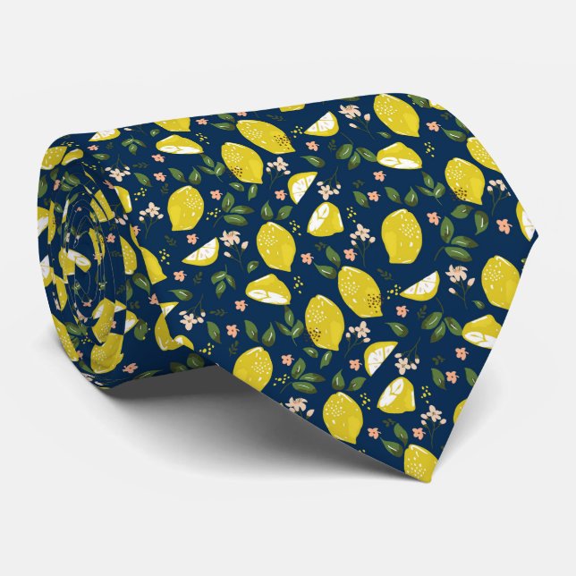 Blue yellow lemon fruit bright summer neck tie (Rolled)