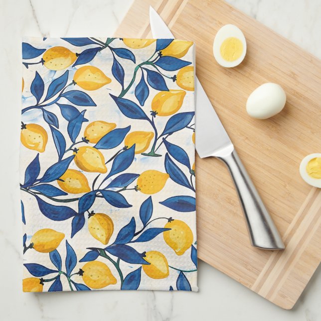 Blue & Yellow Lemon Kitchen Towel (Quarter Fold)