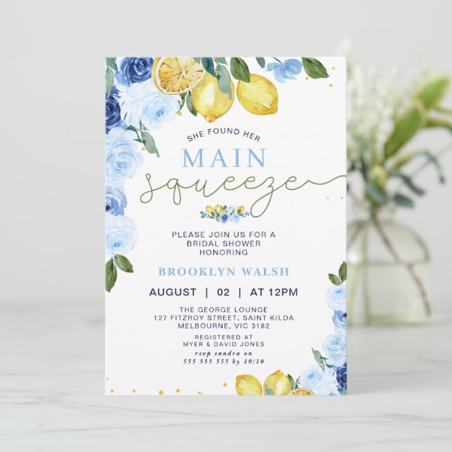 Blue Yellow Lemon Main Squeeze Bridal Shower  Invitation (Standing Front)