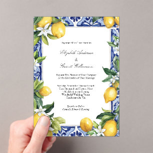 Blue Yellow Lemon Mediterranean Tile Wedding Acrylic Invitations