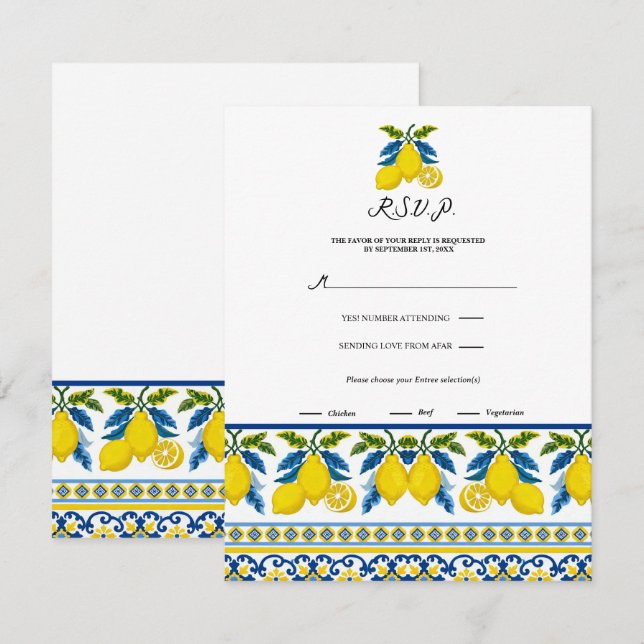 Blue Yellow Lemon Watercolor Mediterranean RSVP Invitation (Front/Back)