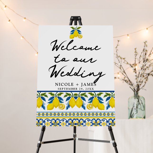 Blue Yellow Lemon Watercolor Mediterranean Wedding Foam Board (In Situ (Stand))