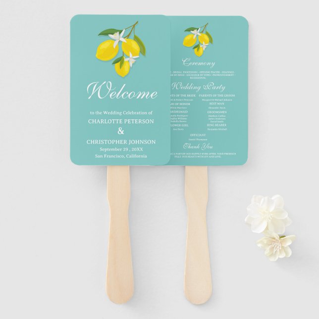 Blue & Yellow Lemon Wedding Program  Hand Fan (Front and Back)