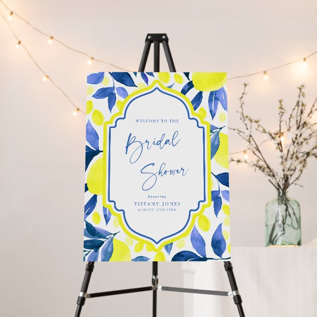 Blue Yellow Lemons Bridal Shower Welcome Sign (In Situ (Stand))