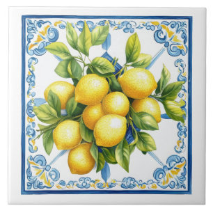 Blue Yellow Lemons Ceramic Tile
