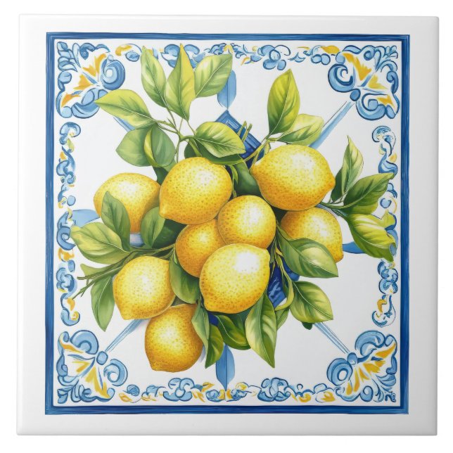 Blue Yellow Lemons Ceramic Tile (Front)