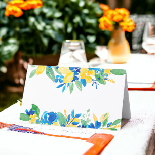 Blue yellow lemons floral bridal shower name place card